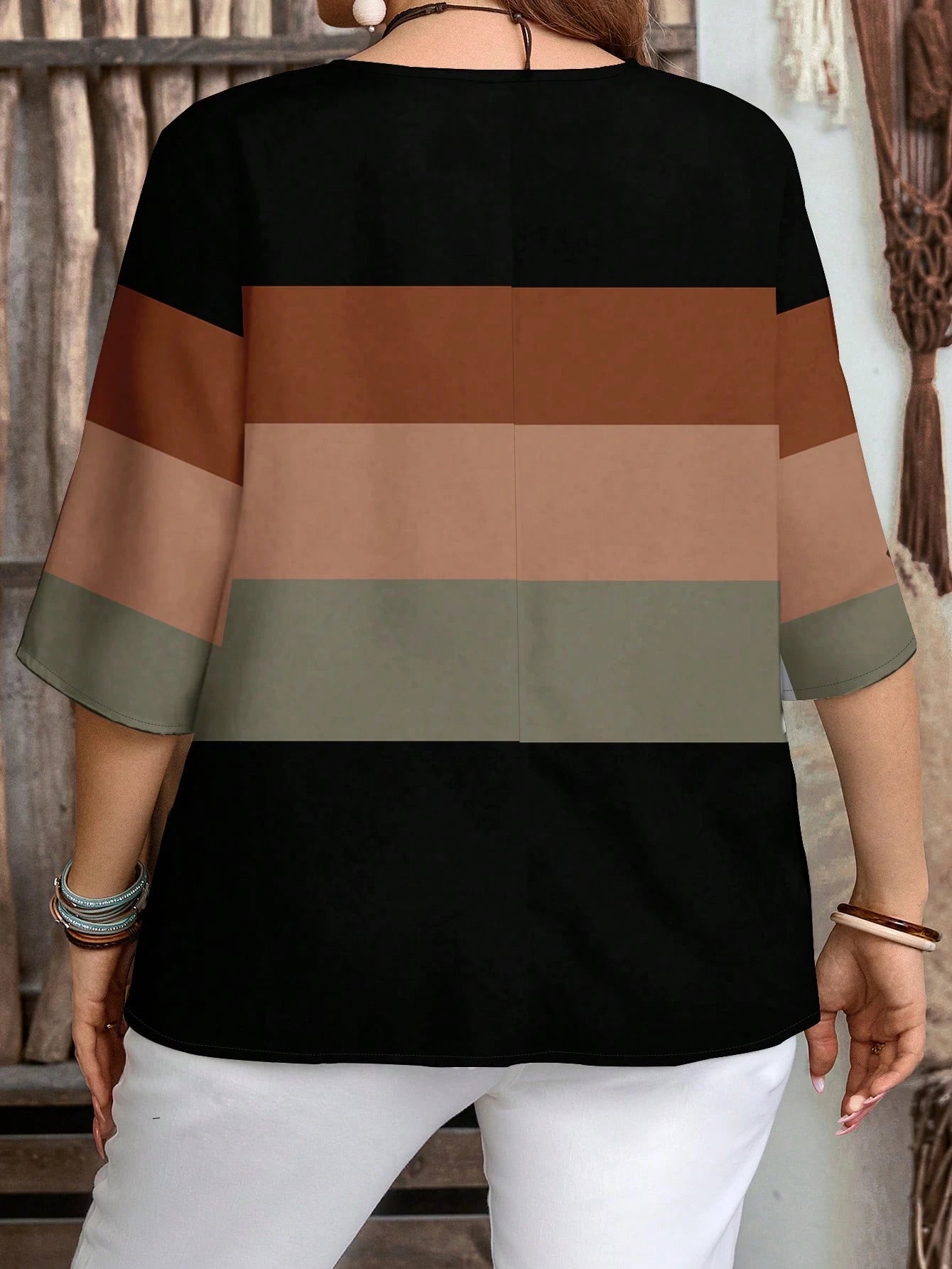 EMERY ROSE Brown Striped Pattern Half Sleeve Casual Minimalist Style Blouse For Women, Suitable For Spring/Summer Spring