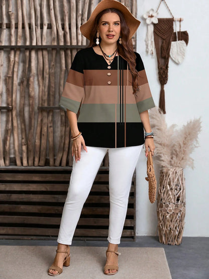 EMERY ROSE Brown Striped Pattern Half Sleeve Casual Minimalist Style Blouse For Women, Suitable For Spring/Summer Spring