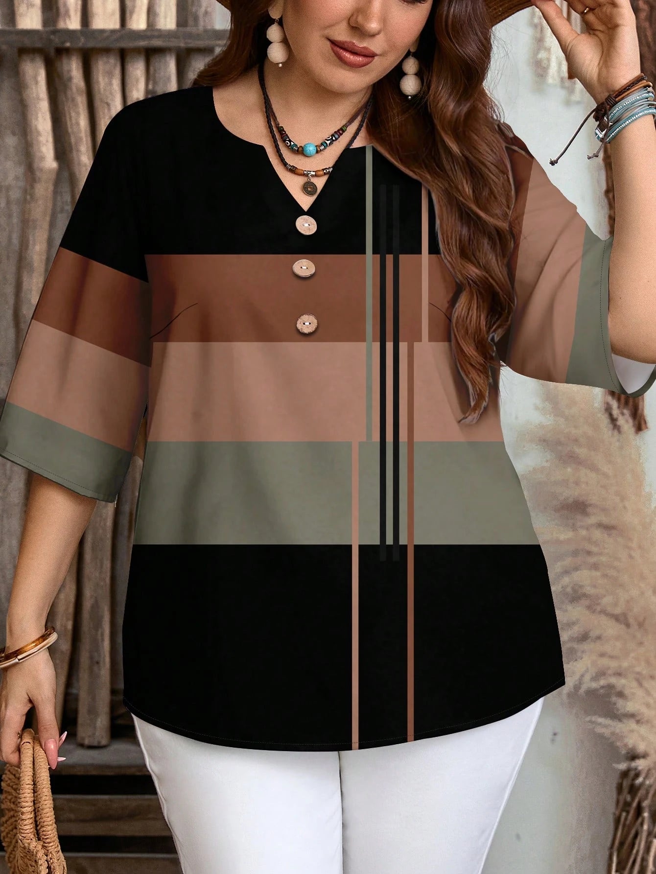 EMERY ROSE Brown Striped Pattern Half Sleeve Casual Minimalist Style Blouse For Women, Suitable For Spring/Summer Spring