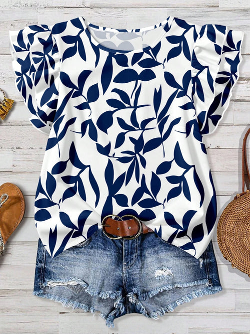 EMERY ROSE Casual Minimalist Blue Leaf Allover Print Women Double Ruffle Sleeve Short Sleeve Shirt, Suitable For Spring/Summer, Vacation, Versatile