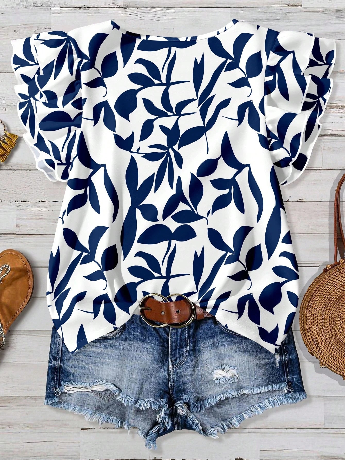 EMERY ROSE Casual Minimalist Blue Leaf Allover Print Women Double Ruffle Sleeve Short Sleeve Shirt, Suitable For Spring/Summer, Vacation, Versatile