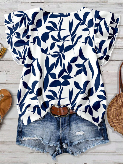 EMERY ROSE Casual Minimalist Blue Leaf Allover Print Women Double Ruffle Sleeve Short Sleeve Shirt, Suitable For Spring/Summer, Vacation, Versatile