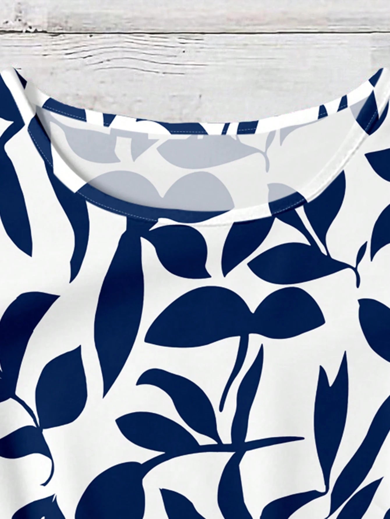 EMERY ROSE Casual Minimalist Blue Leaf Allover Print Women Double Ruffle Sleeve Short Sleeve Shirt, Suitable For Spring/Summer, Vacation, Versatile