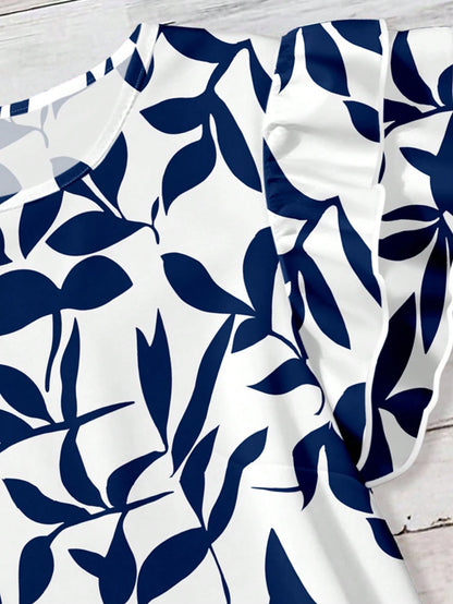 EMERY ROSE Casual Minimalist Blue Leaf Allover Print Women Double Ruffle Sleeve Short Sleeve Shirt, Suitable For Spring/Summer, Vacation, Versatile