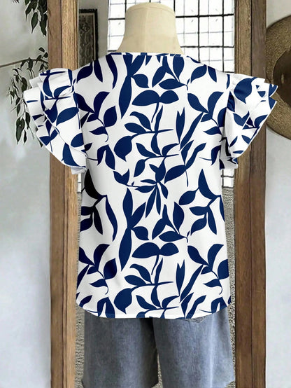EMERY ROSE Casual Minimalist Blue Leaf Allover Print Women Double Ruffle Sleeve Short Sleeve Shirt, Suitable For Spring/Summer, Vacation, Versatile