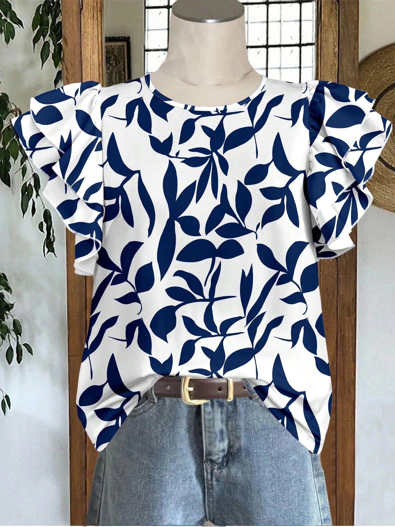 EMERY ROSE Casual Minimalist Blue Leaf Allover Print Women Double Ruffle Sleeve Short Sleeve Shirt, Suitable For Spring/Summer, Vacation, Versatile