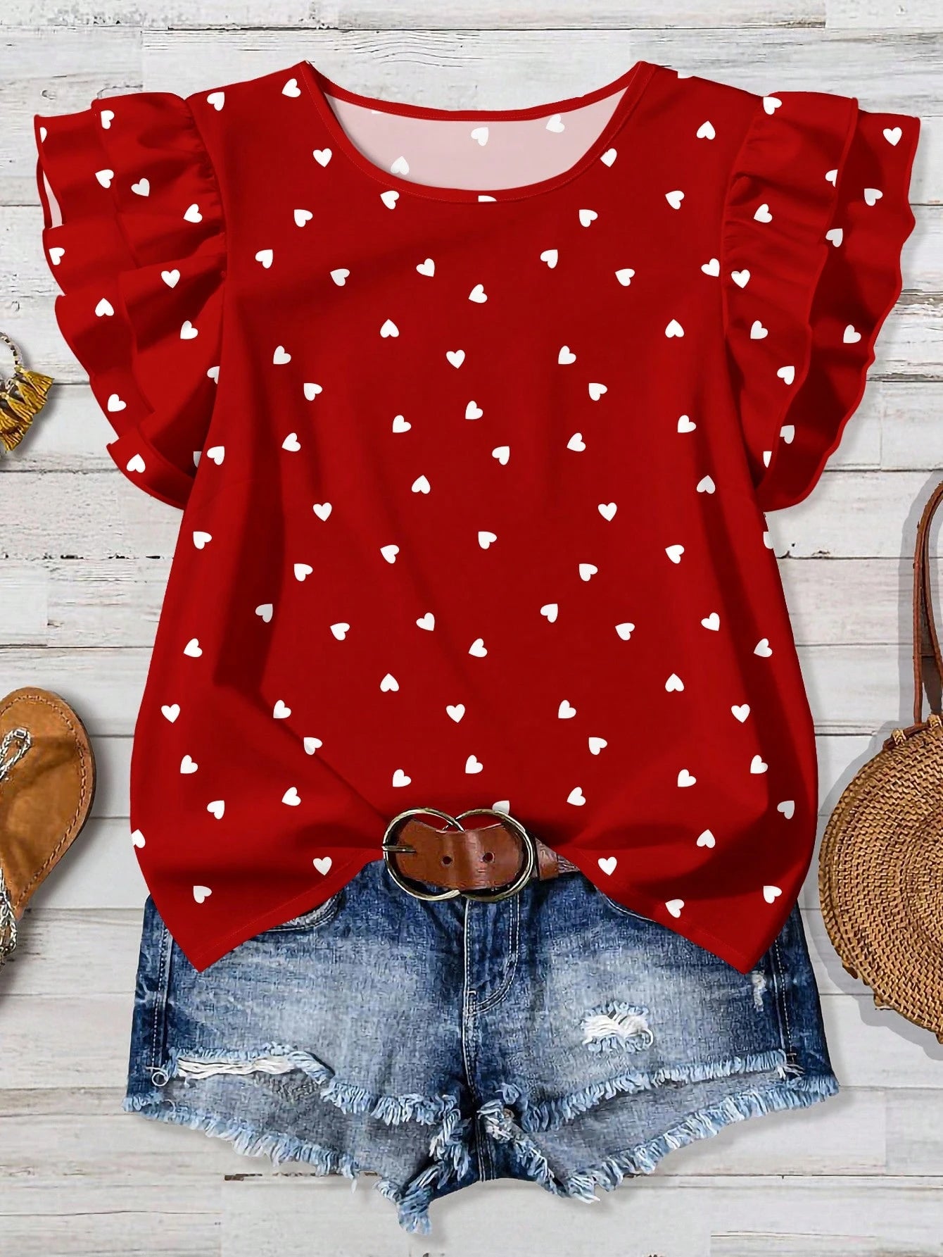 EMERY ROSE Casual Minimalist Blue Leaf Allover Print Women Double Ruffle Sleeve Short Sleeve Shirt, Suitable For Spring/Summer, Vacation, Versatile