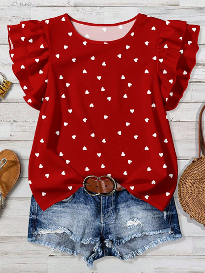 EMERY ROSE Casual Minimalist Blue Leaf Allover Print Women Double Ruffle Sleeve Short Sleeve Shirt, Suitable For Spring/Summer, Vacation, Versatile