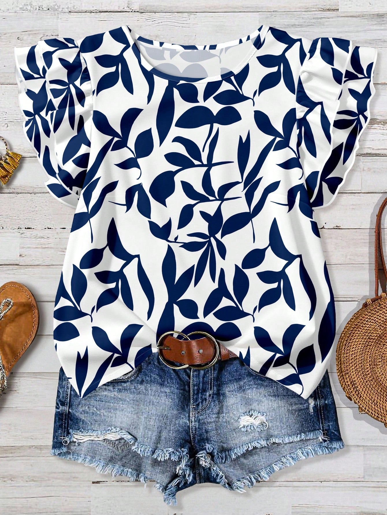 EMERY ROSE Casual Minimalist Blue Leaf Allover Print Women Double Ruffle Sleeve Short Sleeve Shirt, Suitable For Spring/Summer, Vacation, Versatile