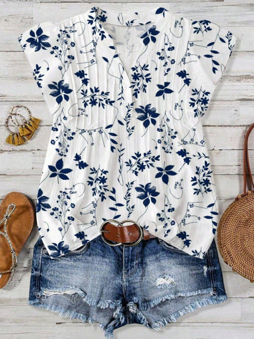 EMERY ROSE New Arrival Elegant Casual Cap Sleeve V-Neck Loose Blouse For Women