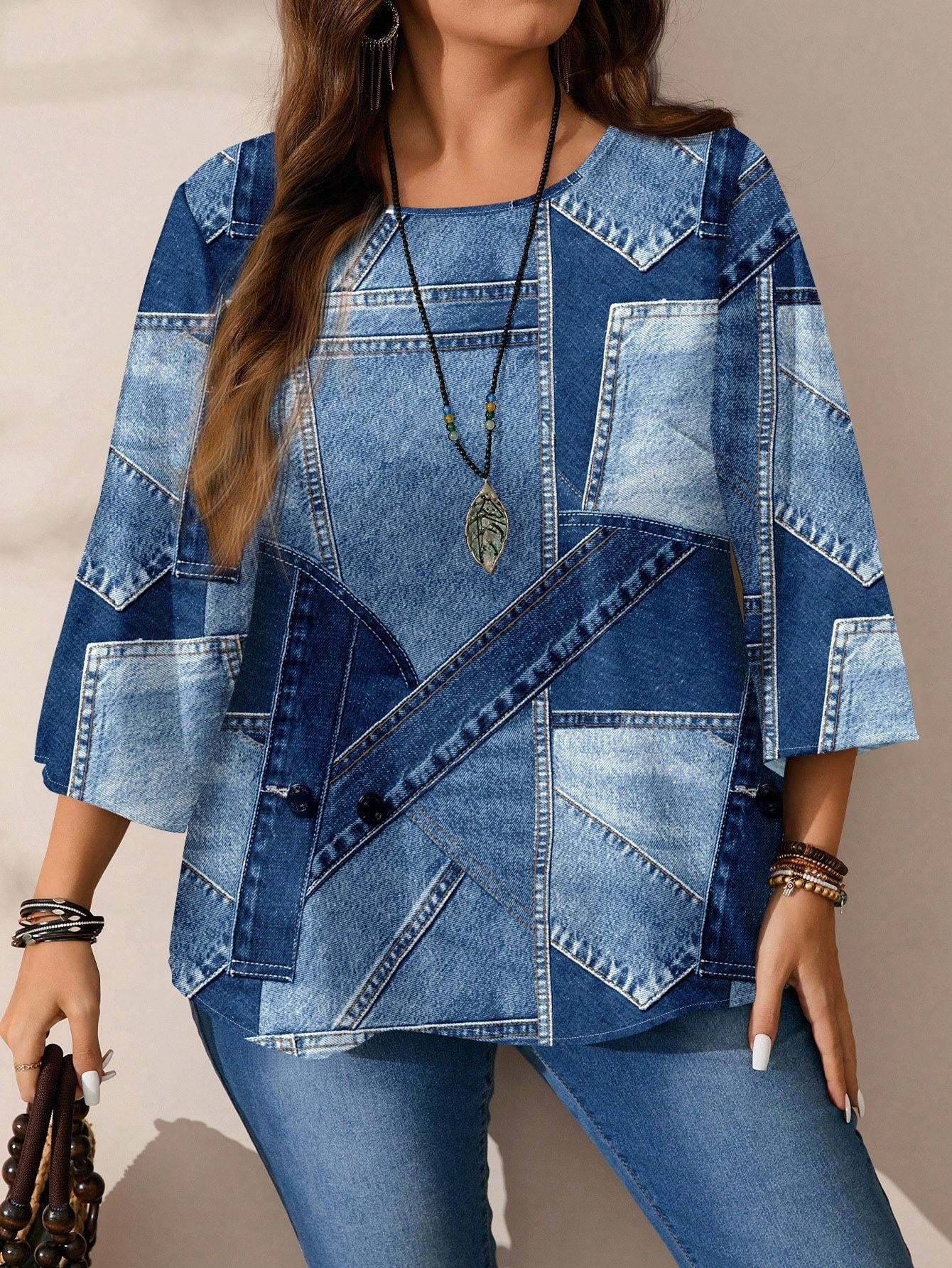 EMERY ROSE Plus Size Casual Minimalist All-Over Print 3/4 Sleeve Shirt, Suitable For Autumn Clothes Chic Blouses For Women Formal Light Blue Fall
