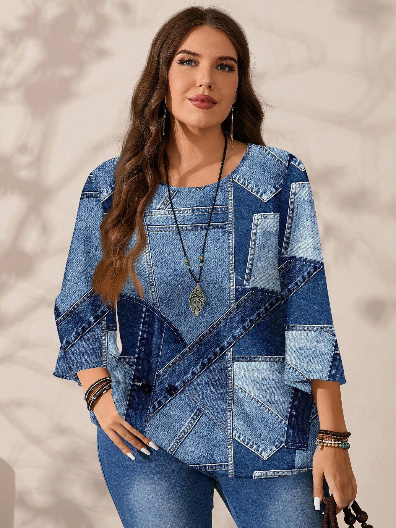 EMERY ROSE Plus Size Casual Minimalist All-Over Print 3/4 Sleeve Shirt, Suitable For Autumn Clothes Chic Blouses For Women Formal Light Blue Fall
