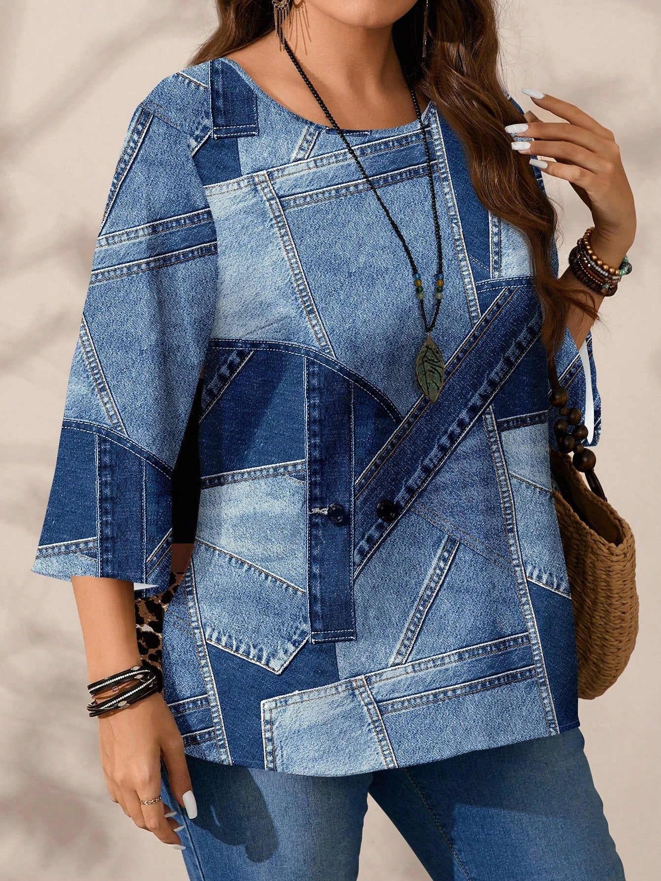 EMERY ROSE Plus Size Casual Minimalist All-Over Print 3/4 Sleeve Shirt, Suitable For Autumn Clothes Chic Blouses For Women Formal Light Blue Fall