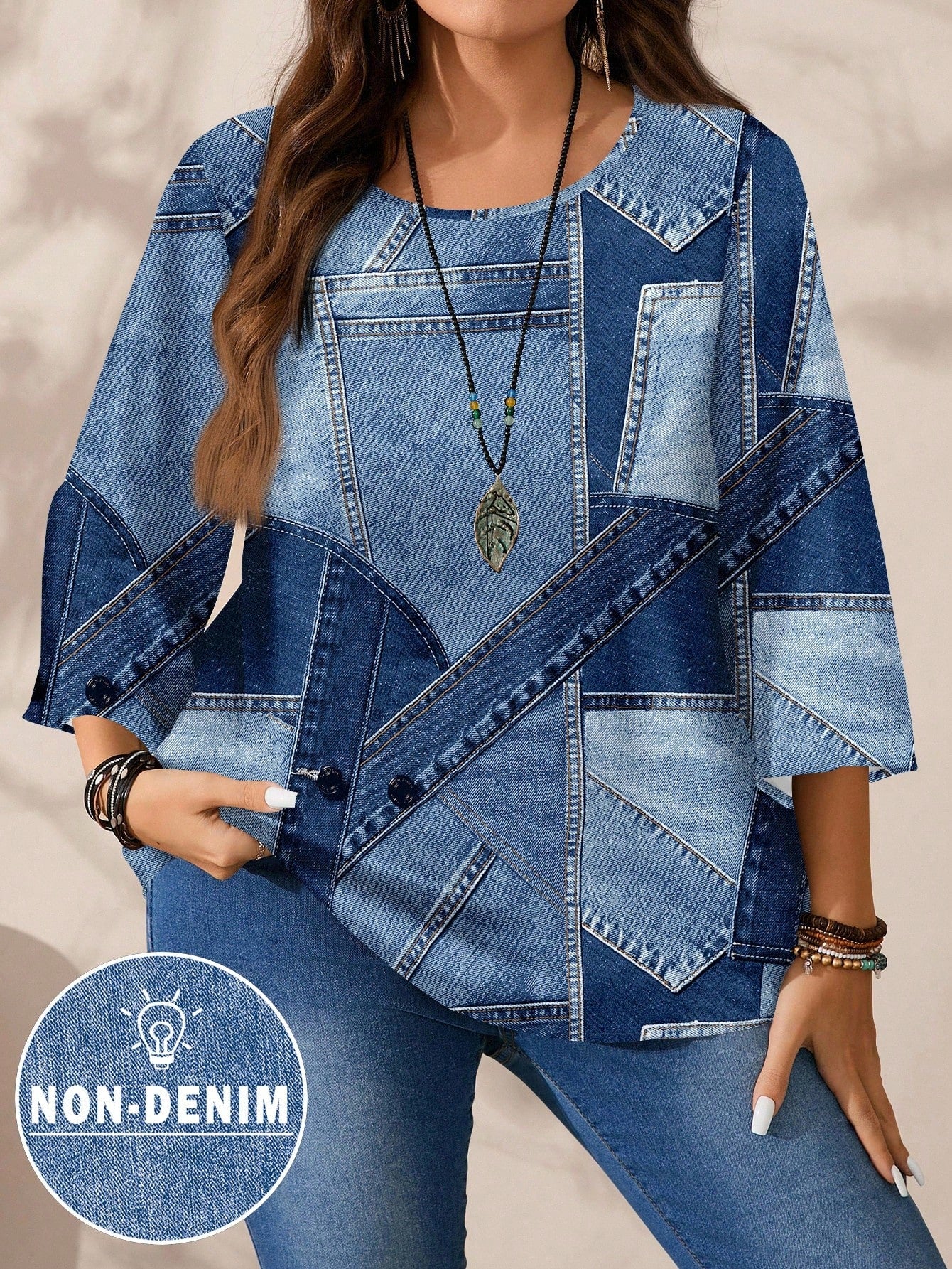 EMERY ROSE Plus Size Casual Minimalist All-Over Print 3/4 Sleeve Shirt, Suitable For Autumn Clothes Chic Blouses For Women Formal Light Blue Fall