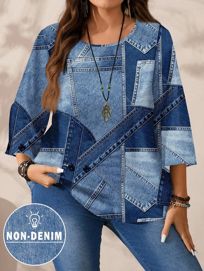 EMERY ROSE Plus Size Casual Minimalist All-Over Print 3/4 Sleeve Shirt, Suitable For Autumn Clothes Chic Blouses For Women Formal Light Blue Fall