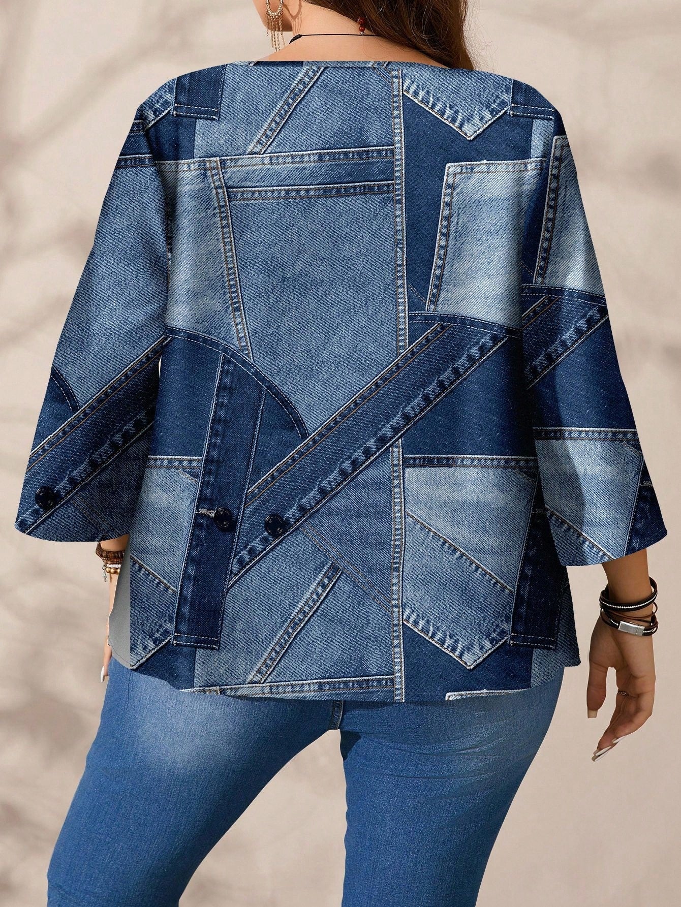 EMERY ROSE Plus Size Casual Minimalist All-Over Print 3/4 Sleeve Shirt, Suitable For Autumn Clothes Chic Blouses For Women Formal Light Blue Fall