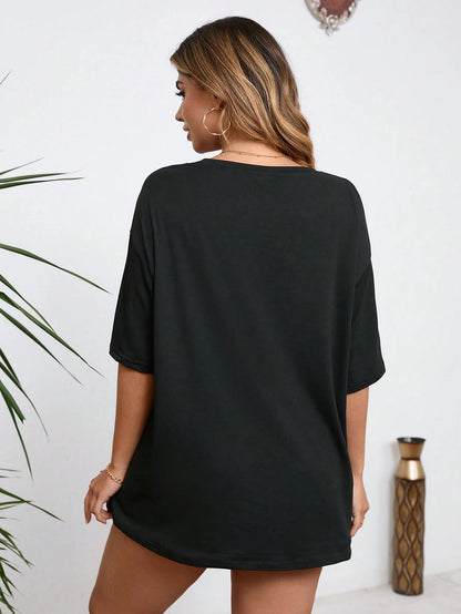 EMERY ROSE Plus Size Letter Slogan 'overstimulated' Graphic Tee Women Short Sleeve Casual Top