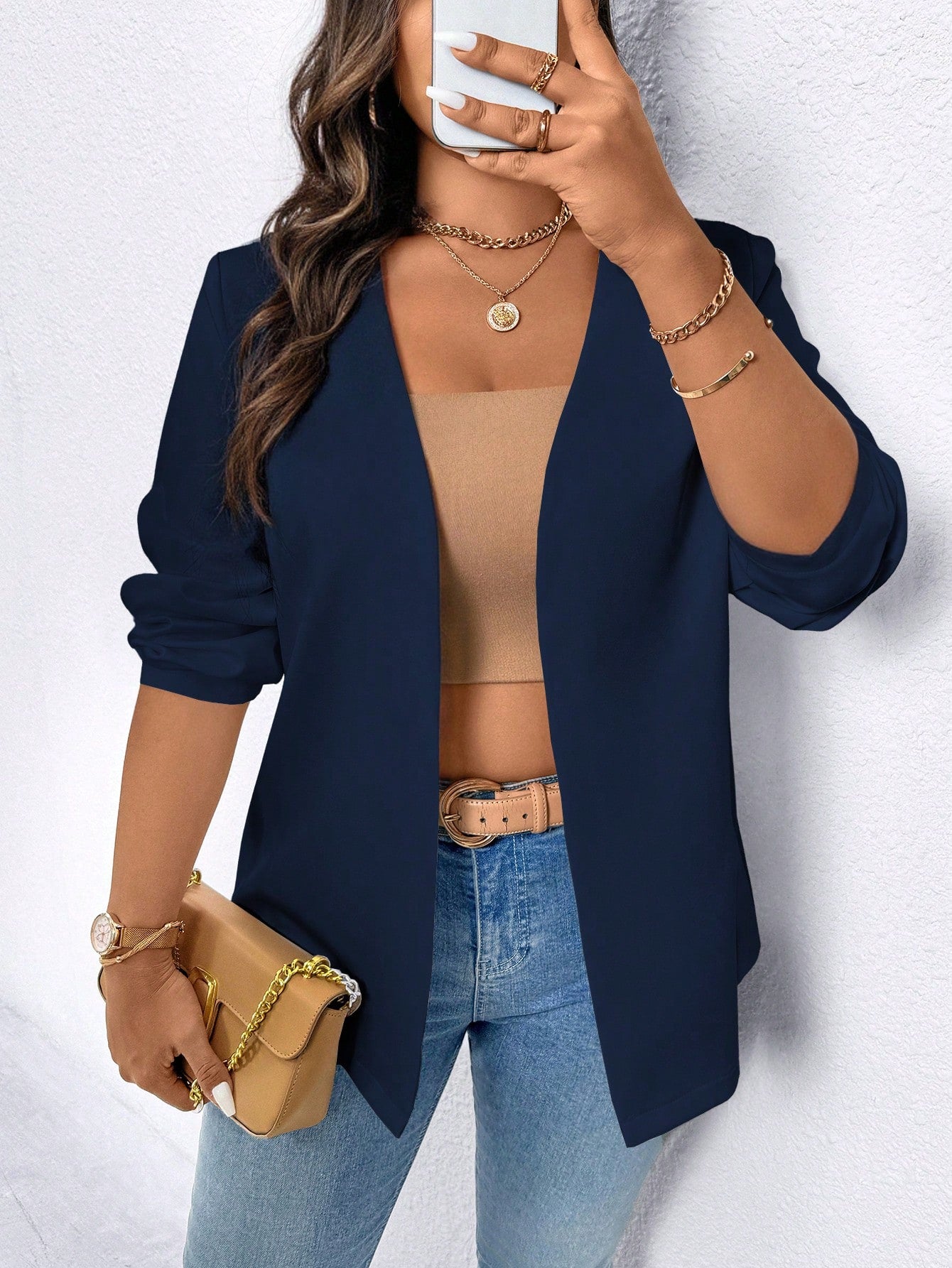 EMERY ROSE Plus Size Solid Color 3/4 Sleeve Regular Shoulder Casual Work Blazer Fall Cloth For Women Autumn