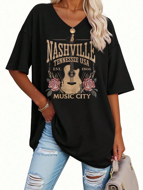 EMERY ROSE Plus Size Spring/Summer Women's Top Comfortable Loose Black T-Shirt With Letter Pattern Print V-Neck Short Sleeved Women's Size