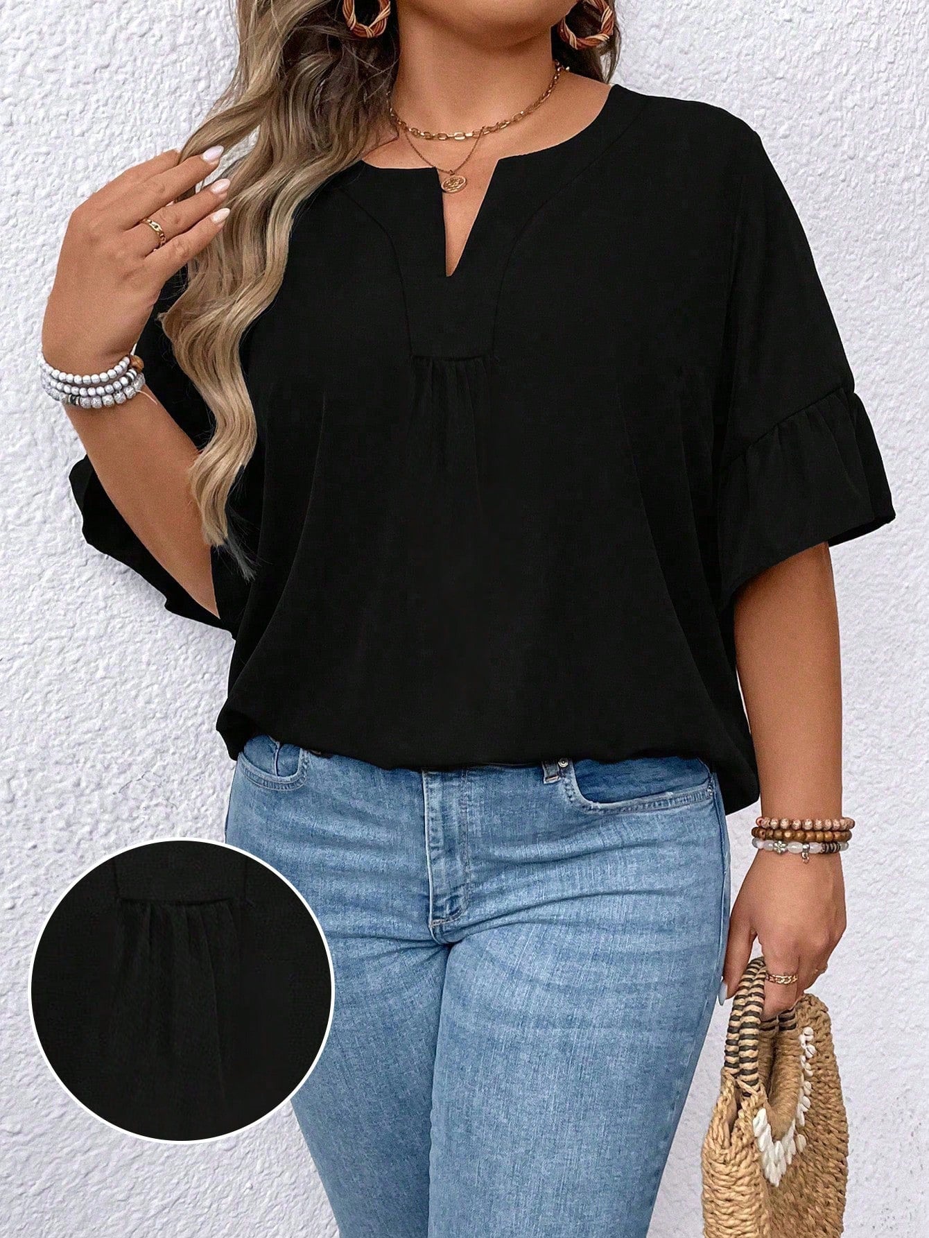 EMERY ROSE Plus Size Summer Solid Color Notched Collar Shirt With Ruffled Sleeves
