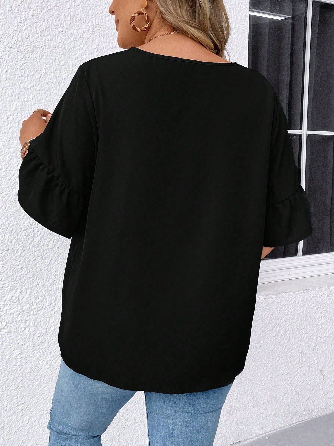 EMERY ROSE Plus Size Summer Solid Color Notched Collar Shirt With Ruffled Sleeves