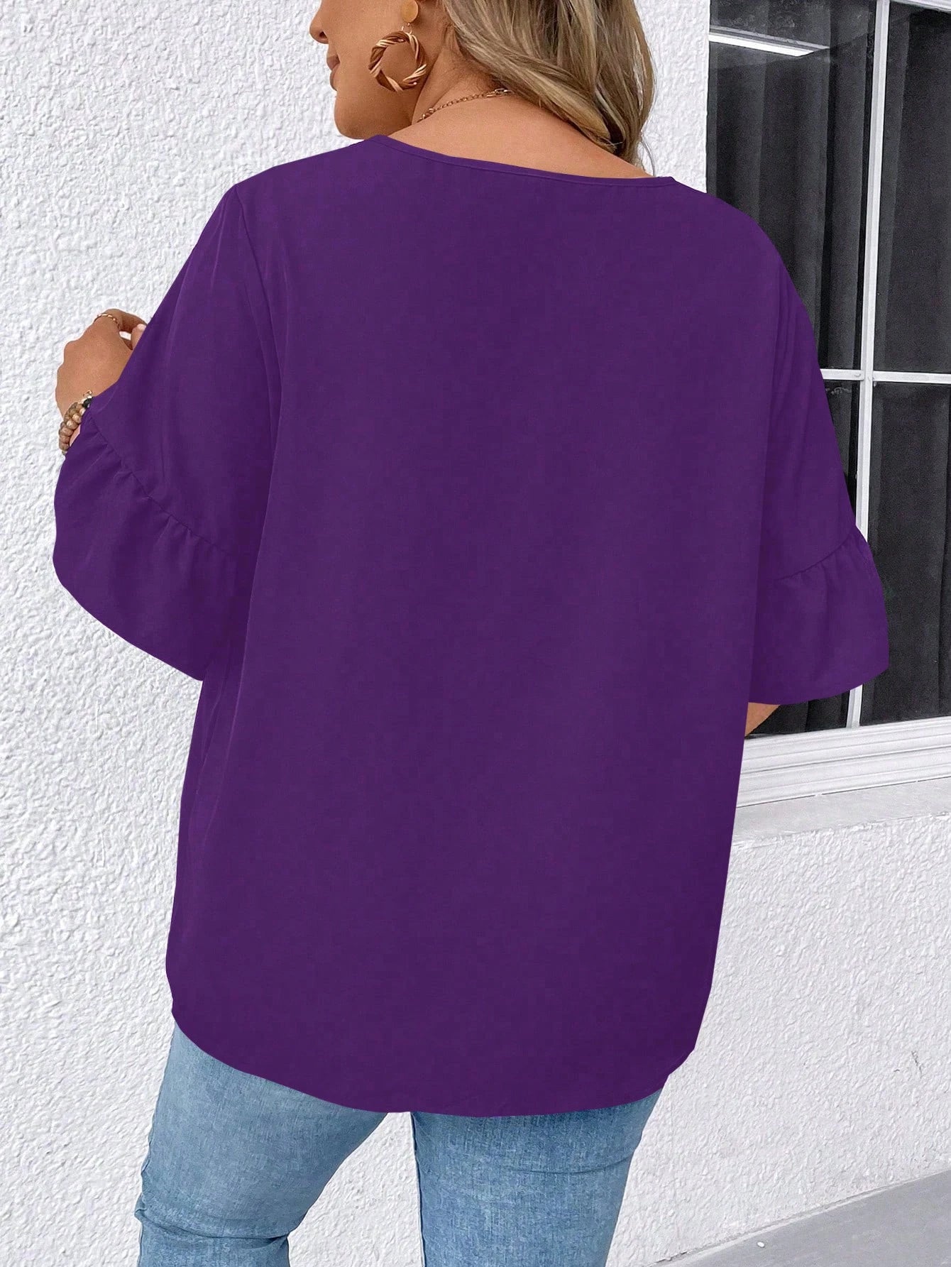 EMERY ROSE Plus Size Summer Solid Color Notched Collar Shirt With Ruffled Sleeves