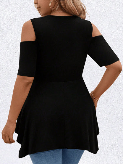 EMERY ROSE Plus Size Women Elegant Asymmetric Hem U-Neck T-Shirt