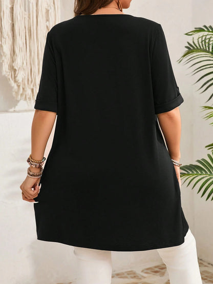 EMERY ROSE Plus Size Women's Early Spring Short Sleeve Long Military Green T-Shirt