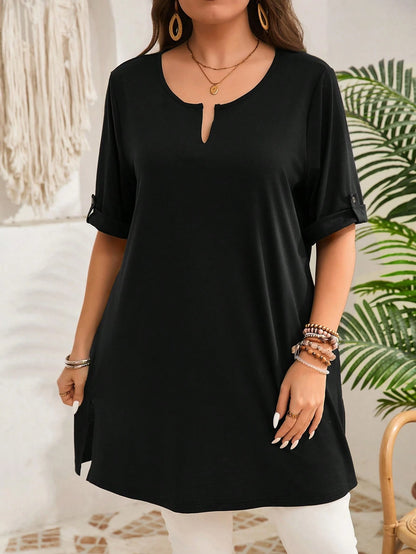 EMERY ROSE Plus Size Women's Early Spring Short Sleeve Long Military Green T-Shirt