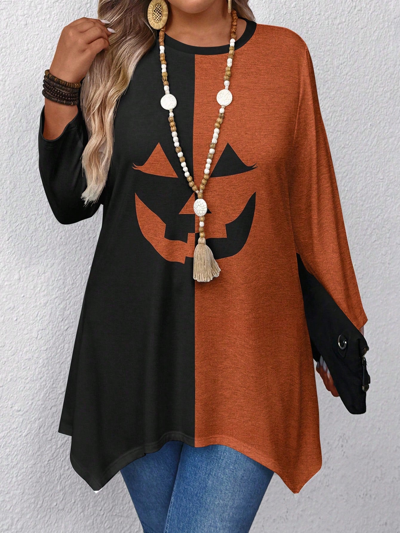 EMERY ROSE Plus Size Women'S Halloween Colorblock Pumpkin Print Round Neck Batwing Sleeve T-Shirt,Spooky Season Women Tops,Autumn Shirts Fall