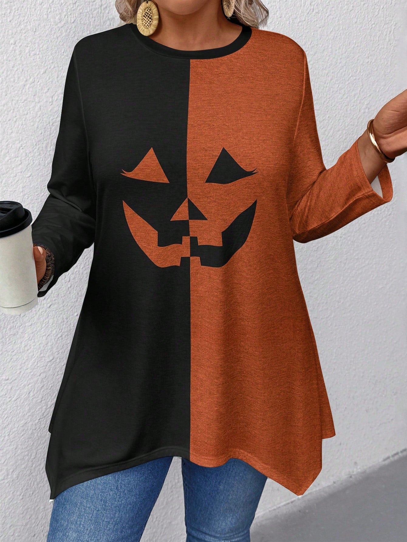 EMERY ROSE Plus Size Women'S Halloween Colorblock Pumpkin Print Round Neck Batwing Sleeve T-Shirt,Spooky Season Women Tops,Autumn Shirts Fall