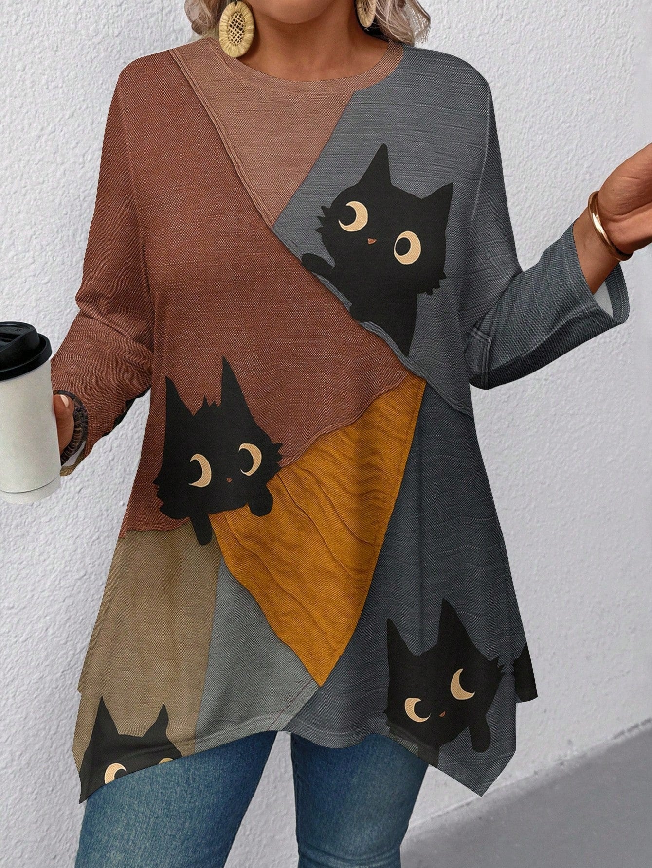 EMERY ROSE Plus Size Women'S Halloween Colorblock Pumpkin Print Round Neck Batwing Sleeve T-Shirt,Spooky Season Women Tops,Autumn Shirts Fall
