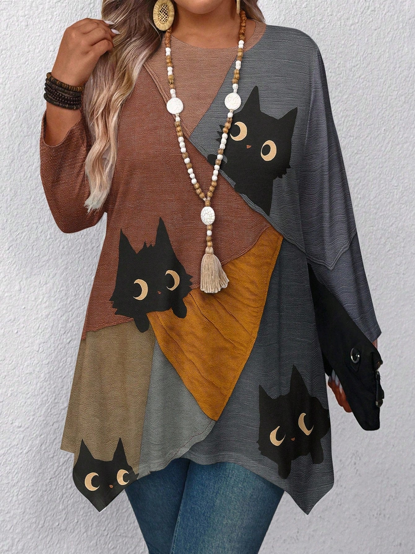 EMERY ROSE Plus Size Women'S Halloween Colorblock Pumpkin Print Round Neck Batwing Sleeve T-Shirt,Spooky Season Women Tops,Autumn Shirts Fall