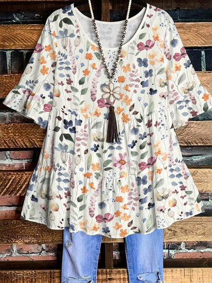 EMERY ROSE Plus Size Women's Summer Boho Meadow Floral Print Tiered Tunic Top, Casual Round Neck Ruffle Half Sleeve Blouse, Loose Fit Peplum White Vacation