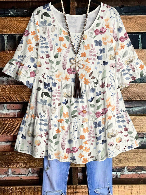 EMERY ROSE Plus Size Women's Summer Boho Meadow Floral Print Tiered Tunic Top, Casual Round Neck Ruffle Half Sleeve Blouse, Loose Fit Peplum White Vacation