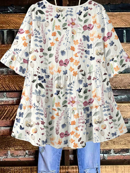EMERY ROSE Plus Size Women's Summer Boho Meadow Floral Print Tiered Tunic Top, Casual Round Neck Ruffle Half Sleeve Blouse, Loose Fit Peplum White Vacation
