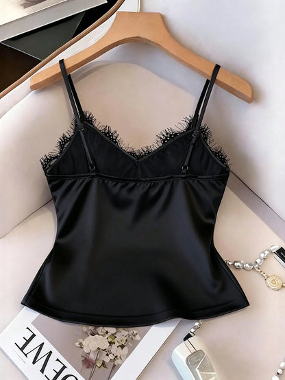 EMERY ROSE Sexy Fitted Lace Patchwork Satin Camisole Top, Summer Beach Vacation Casual Travel Chic Vest For Women