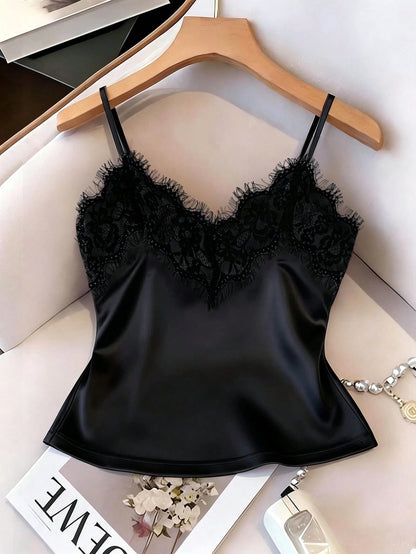 EMERY ROSE Sexy Fitted Lace Patchwork Satin Camisole Top, Summer Beach Vacation Casual Travel Chic Vest For Women