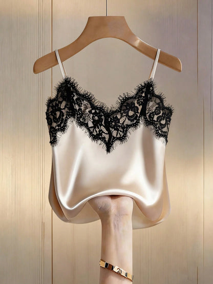 EMERY ROSE Sexy Fitted Lace Patchwork Satin Camisole Top, Summer Beach Vacation Casual Travel Chic Vest For Women
