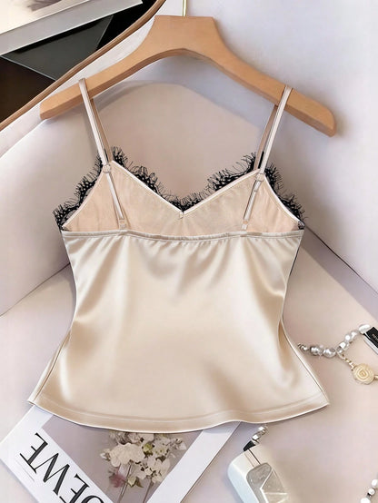 EMERY ROSE Sexy Fitted Lace Patchwork Satin Camisole Top, Summer Beach Vacation Casual Travel Chic Vest For Women
