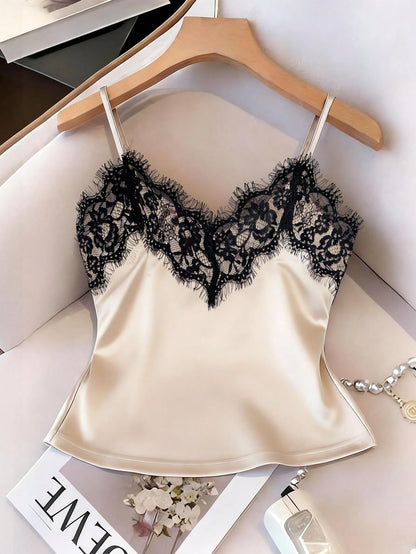 EMERY ROSE Sexy Fitted Lace Patchwork Satin Camisole Top, Summer Beach Vacation Casual Travel Chic Vest For Women