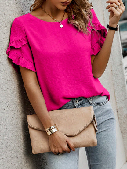 EMERY ROSE Solid Color Ruffle Edge Cap Sleeve Blouse,Short Sleeve Tops