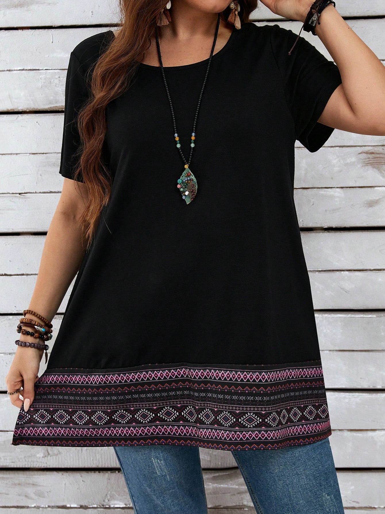 EMERY ROSE Summer Holiday Style Plus Size Women's Geometric Print Round Neck Short Sleeve Casual Vent Mom T-Shirt,Vacation/Spring