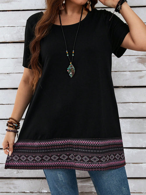 EMERY ROSE Summer Holiday Style Plus Size Women's Geometric Print Round Neck Short Sleeve Casual Vent Mom T-Shirt,Vacation/Spring