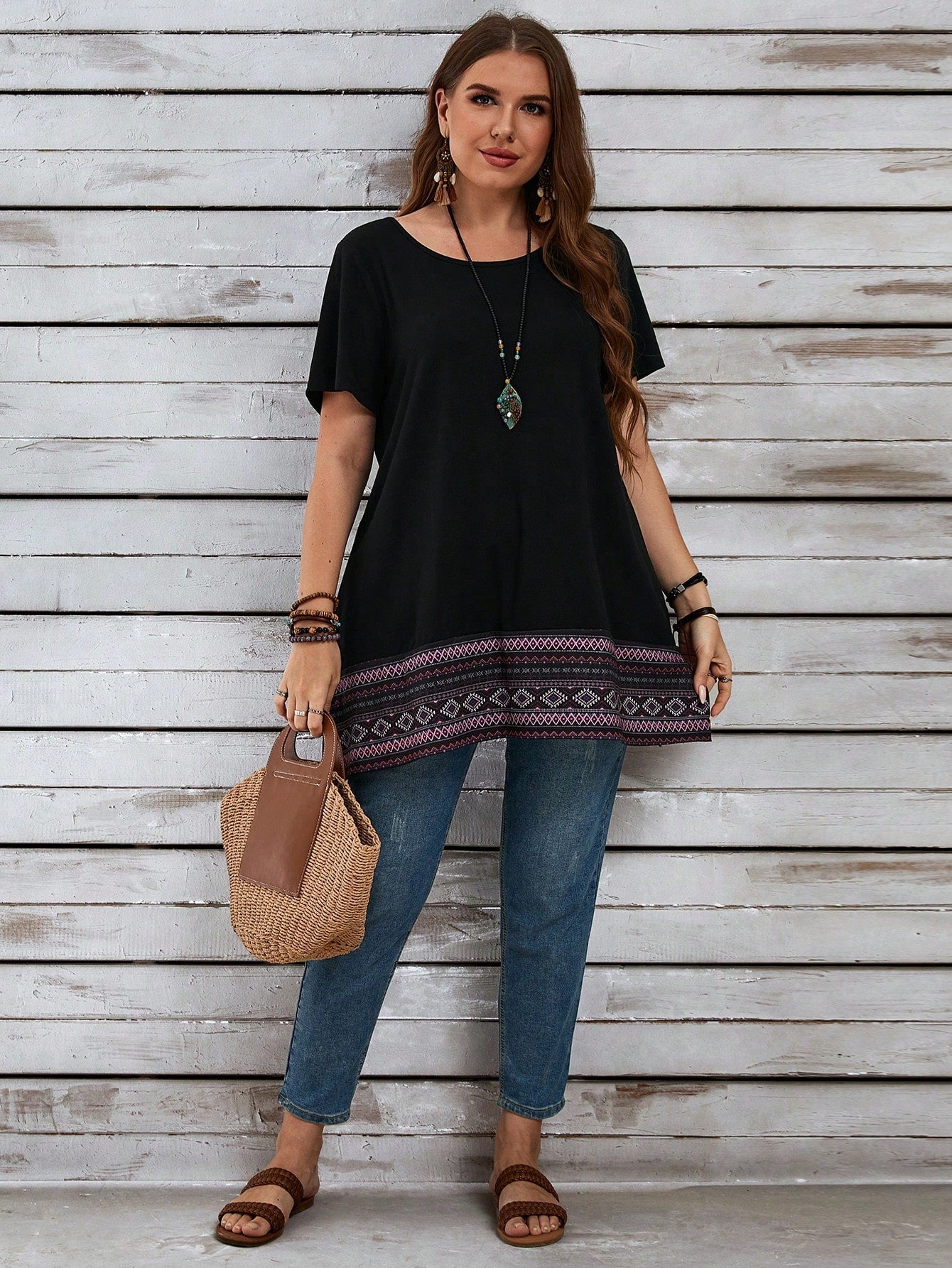 EMERY ROSE Summer Holiday Style Plus Size Women's Geometric Print Round Neck Short Sleeve Casual Vent Mom T-Shirt,Vacation/Spring