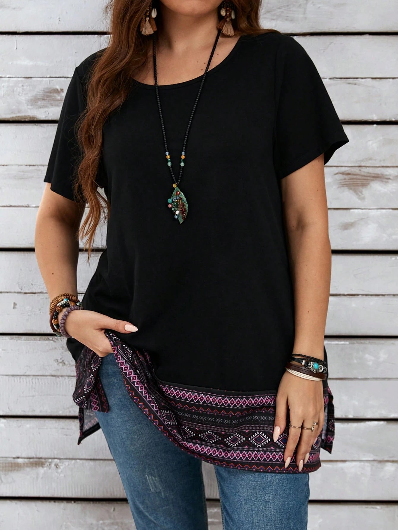 EMERY ROSE Summer Holiday Style Plus Size Women's Geometric Print Round Neck Short Sleeve Casual Vent Mom T-Shirt,Vacation/Spring