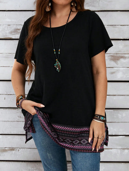 EMERY ROSE Summer Holiday Style Plus Size Women's Geometric Print Round Neck Short Sleeve Casual Vent Mom T-Shirt,Vacation/Spring