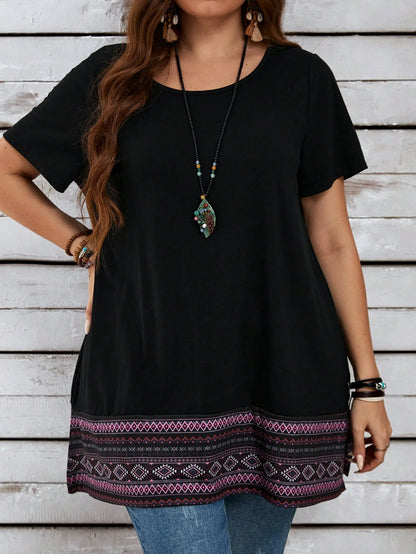 EMERY ROSE Summer Holiday Style Plus Size Women's Geometric Print Round Neck Short Sleeve Casual Vent Mom T-Shirt,Vacation/Spring