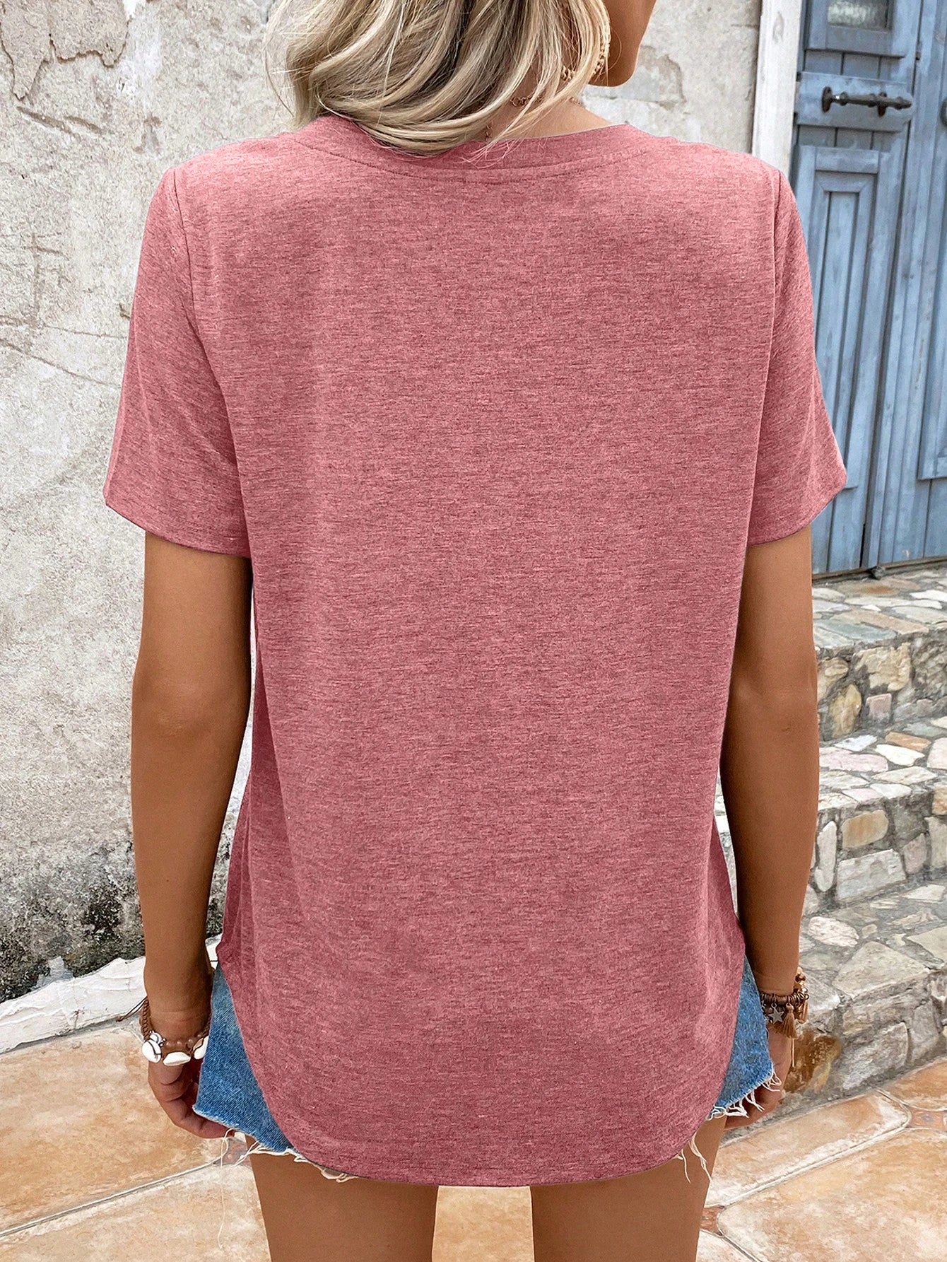 EMERY ROSE Summer Women's Solid Color V-Neck Short Sleeve T-Shirt