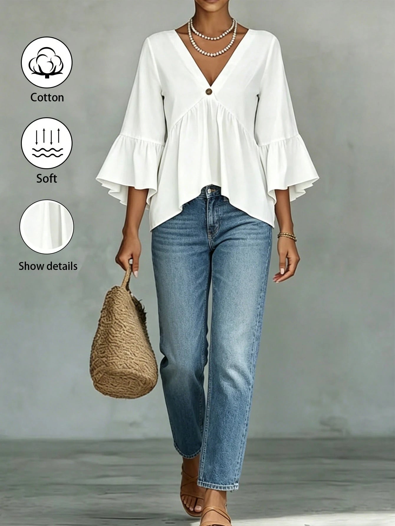 EMERY ROSE White V-Neck Ruffle Sleeve Women's Casual Shirt